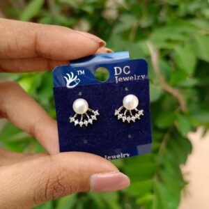 SILVER PEARL AND STONE FAN SHAPE STUD