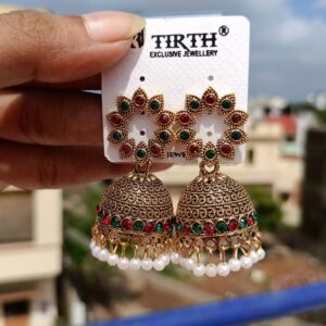 GREEN AND RED STONE MEHNDI GOLD JUMKA